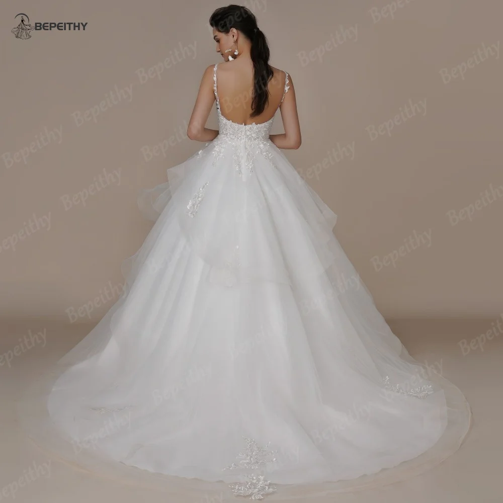 BEPEITHY Customized Classic A Line Wedding Dresses For Woman Spaghetti Straps Ruffle Skirt Sexy Backless Bride Bridal Gown 2023