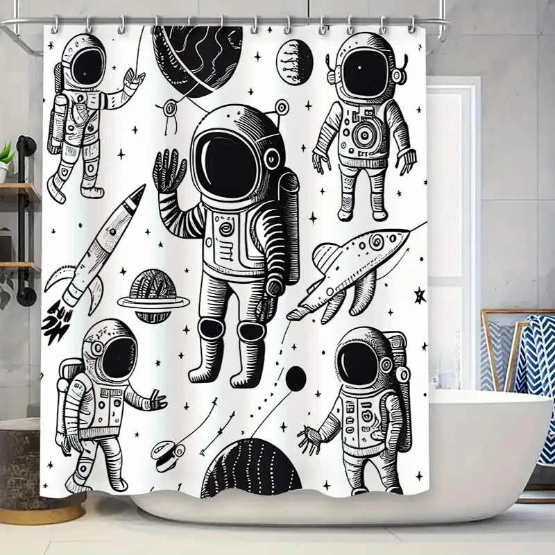 Space Exploration Astronaut Shower Curtain SetBlack White Pattern Print for Bathroom Decor 72\ x 84\