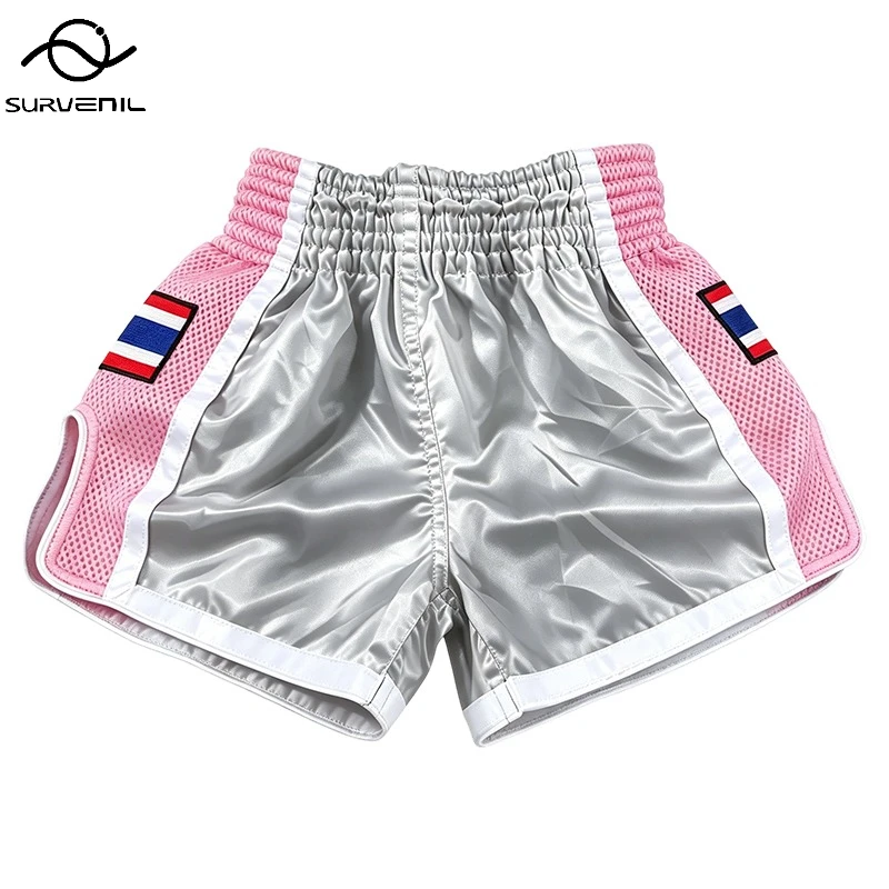 Plain Thai Boxing Shorts Shiny Satin Muay Thai Fight Shorts Gray Pink Kickboxing Training Competition Shorts for Men Women Kids