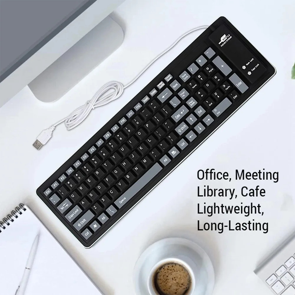 Flexible 103 Keys Silicone Keyboard Quiet Typing Waterproof USB Wired Keyboard Black Grey Foldable Keyboard Home