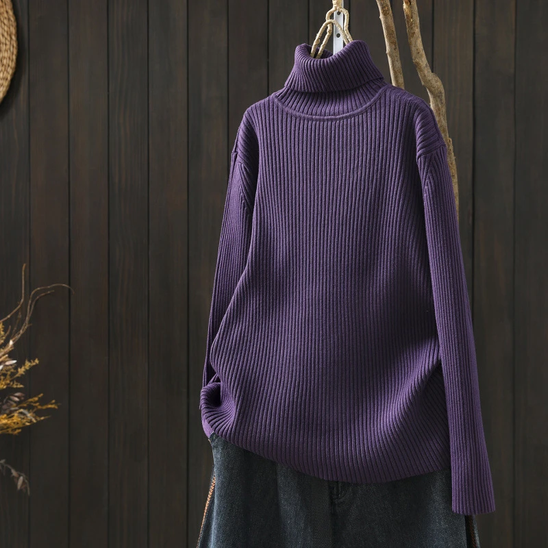 เสื้อสเวตเตอร์ลำลองผู้หญิง รุ่นใหม่ 2025 สไตล์เรียบง่าย วินเทจ คอเต่า สีพื้น แขนยาว ถักนิตติ้ง รุ่น M2088