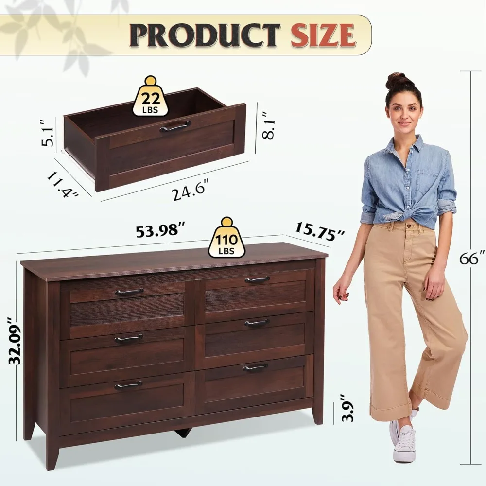 WLIVE Lemari Kayu untuk Kamar Tidur, Lemari 6 Laci Ganda dengan Pegangan Logam, Lemari Laci Kayu Besar untuk Ruang Tamu, Hallwa