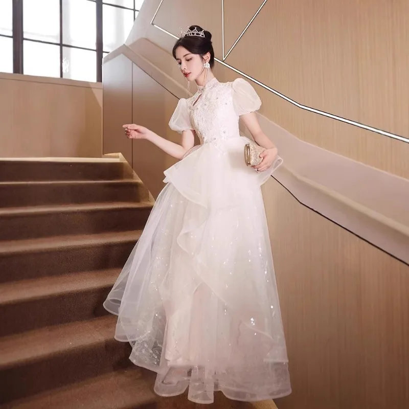 White Evening Dress, Women's 2025 New High-end Engagement and Toasting Outfit, Light Luxury, Niche High-end Host, Chinese Style