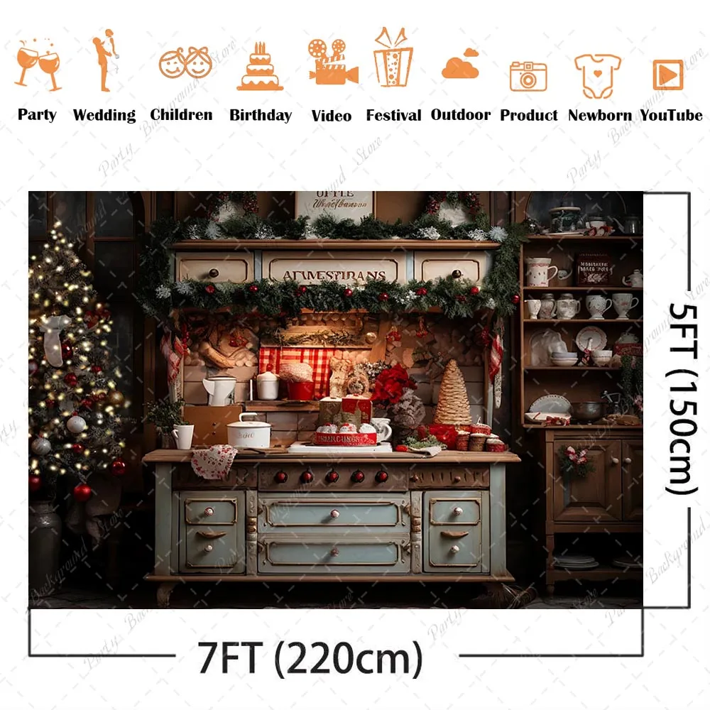 Christmas Kitchen Backdrop for Photography Cupboard Cook Background for Children Kids Portrait Photo Studio X-mas Tree Props