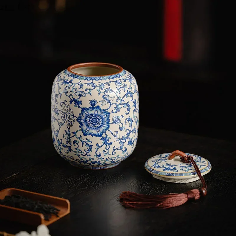 Blue and White Ru Kiln Ceramic Tea Jar Large Moisture-proof Jar Sealed Jar Tea Box Teas Container Tea Caddies Household Teaware