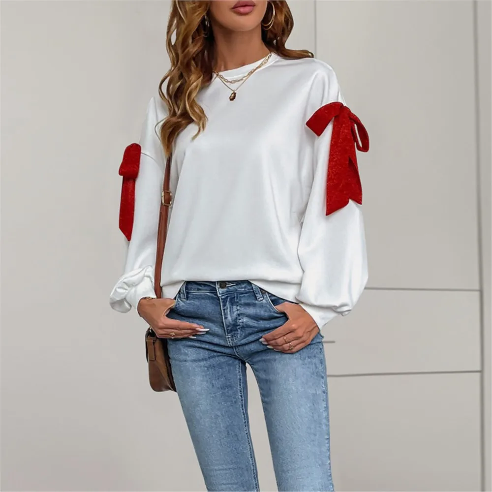 Women's Clothing Casual Sweet Bow Long-sleeved Sweatshirt All-match Loose Simple Style Pullover Comfortable All-match Commuting