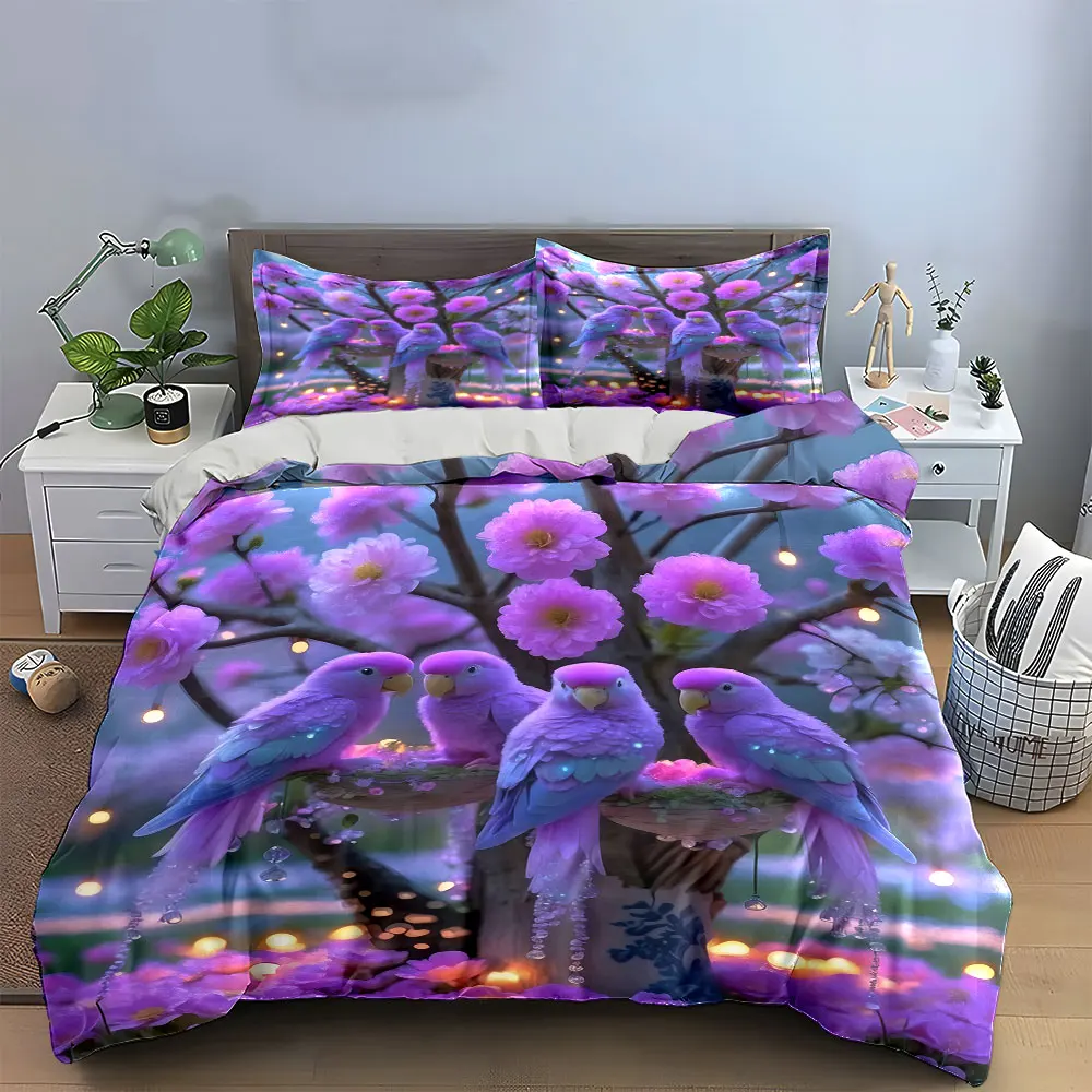 Pink Parrot Trio Decorative Set Bedding Set with 1 Duvet Cover 2 Pillowcases Single Double King Queen, Gift
