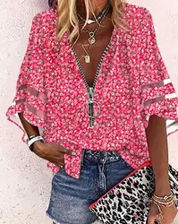 Women's Summer T-Shirt Tops 2023 Fashion Pink Small Floral Print V Neck Half Sleeves Contrast Mesh Zip Front Blouses Top