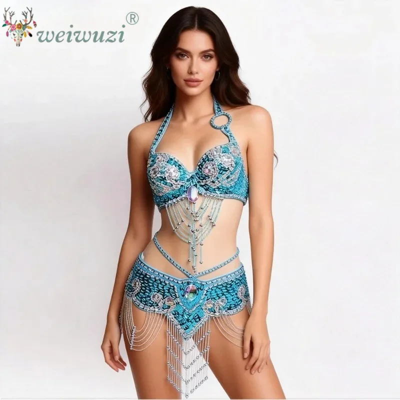 Handgefertigtes Perlen-Kristall-Bauchtanzkostüm für Frauen BH-Gürtel-Kleidung Sexy Bauchtanz-Karnevalskostüm-Set
