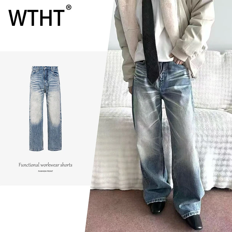 

WTHT винтажные мужские градиентные текстурированные полосатые старые джинсовые брюки, модные осенние джинсы с высокой талией и широкими штанинами 22, мужские 2A2401