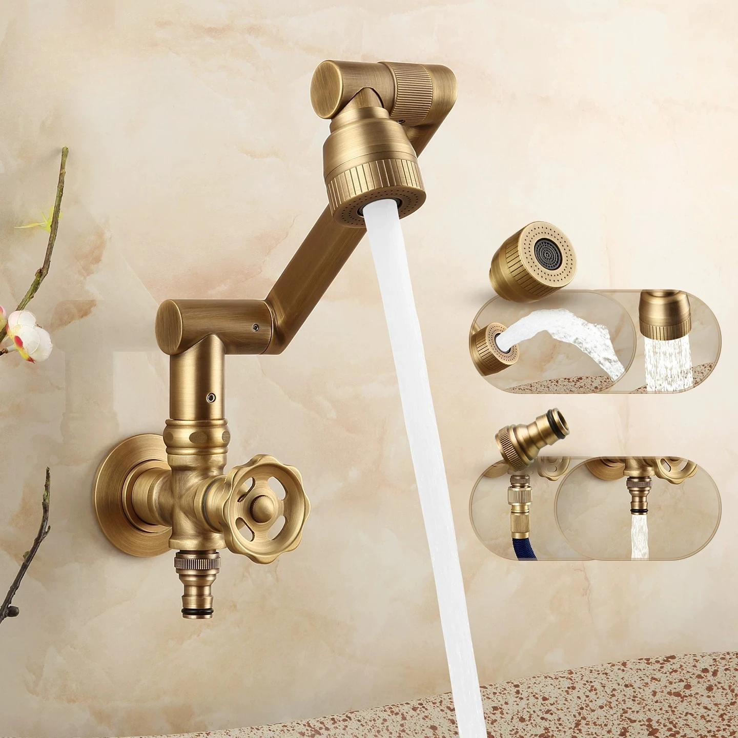 Antique Brass Single Cold Faucet Wall Mounted Retro Balcony Washing Machine Mop Pool Faucet Robotic Arm Universal Rotation