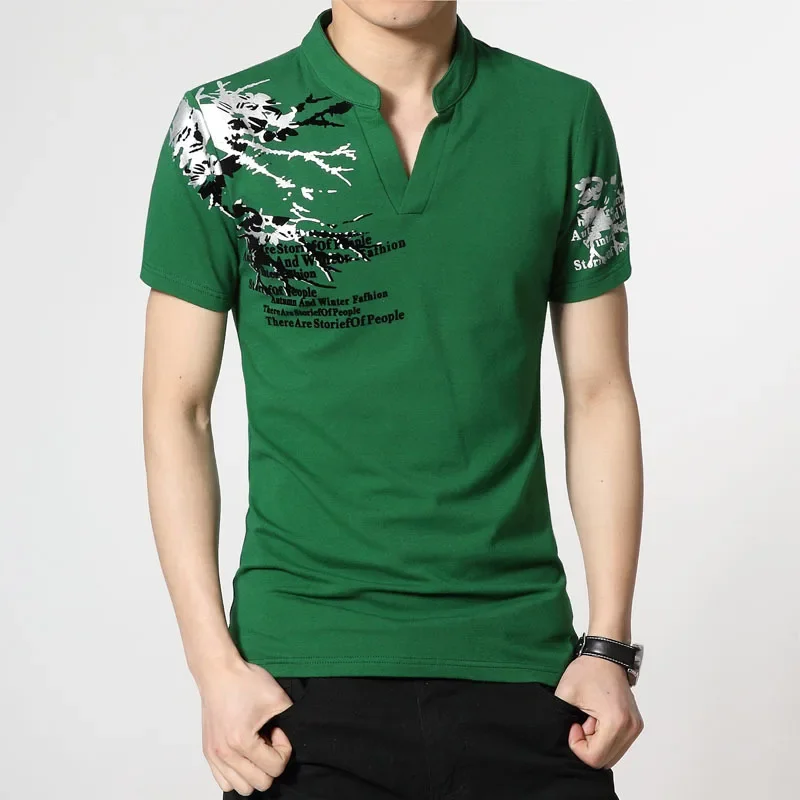 Summer 2026 Men T Shirt Letters Flocking Print Henry Collar T-shirts Short Sleeves Straight Loose Plus Size Tops & Tees M-5XL