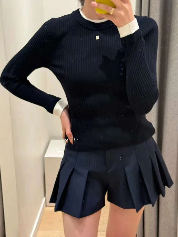 سترة محبوكة أنيقة بأكمام طويلة باللون الأزرق الداكن، إصدار راقي بقصة ضيقة، قطعة متعددة الاستخدامات بأسلوب فرنسي وياقة مستديرة... #2