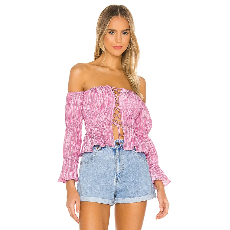 Off Shoulder Puff Sleeve Women 2024 New Blouse Shirts Crop Pink Top Summer Fashion Lace Up Ruched Blouse Blusas Mujer Tops