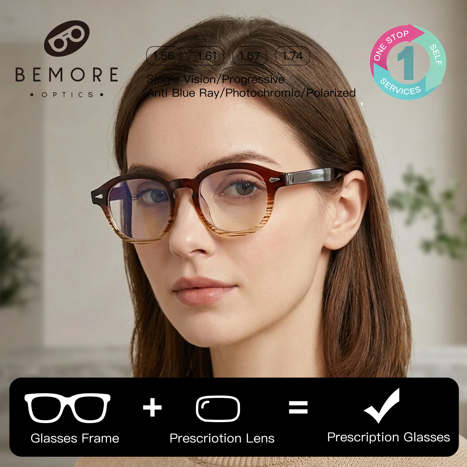 

BEMORE Trendy Round Handmade Acetate Optical Lenses Woman Multifocal Anti-Blue Light Photochromic Prescription Glasses
