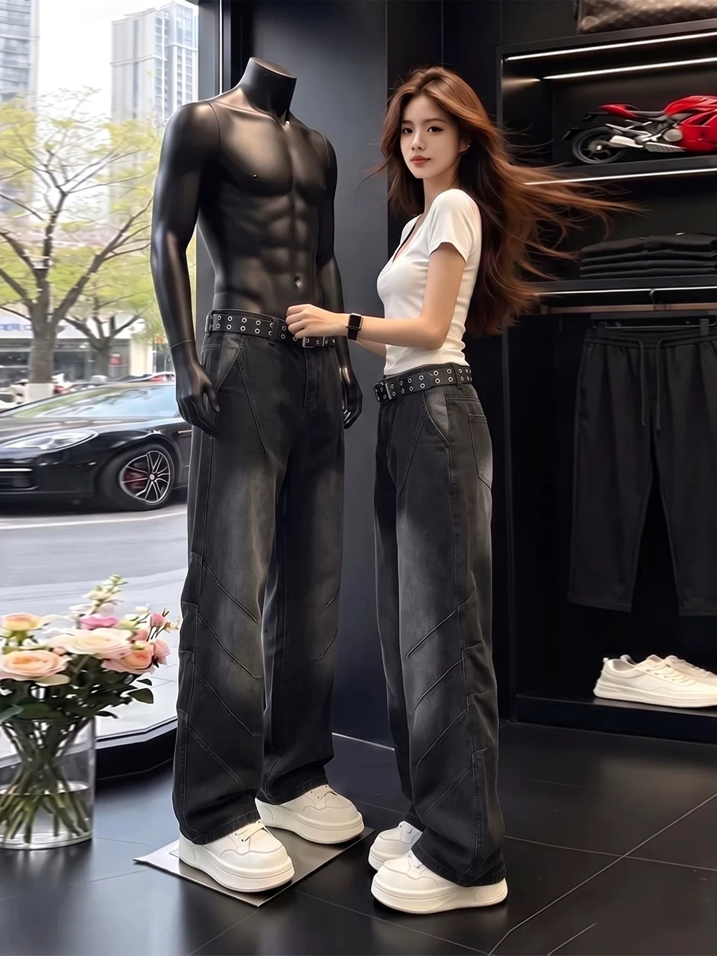 Washed Black Pleated Men's Jeans American Retro Cleanfit Flared Straight Leg Pants Trendy Brand Cool Straight Tube Pants