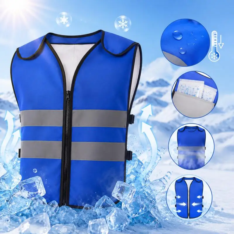 Cooling Ice Vest With Reflective Strips Zipper Adjustable Side Straps Summer Heat Relief Work Safety Vest For Outdoor Constructi