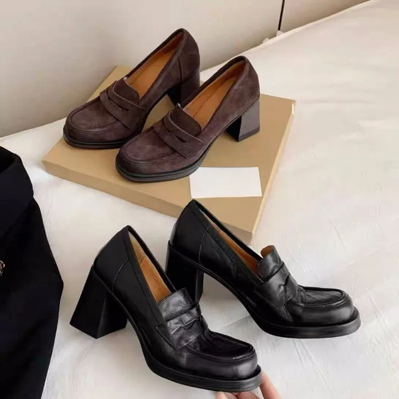 الرجعية الانزلاق على كتلة كعب حذا فردي للسيدات الخريف جديد جولة تو الجلود الناعمة لينة وحيد عدم الانزلاق عالية الكعب