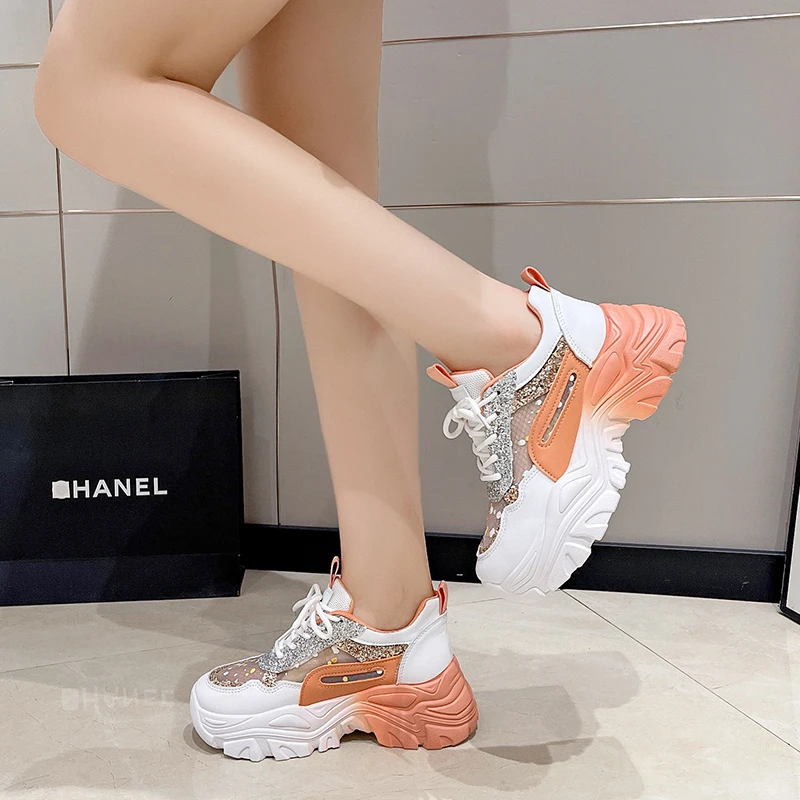 

8cm Invisible Heel Women's Shoes - Thick-Soled Sports Casual Iridescent Summer Mesh Dad Shoes, New Style for Petite Ladies