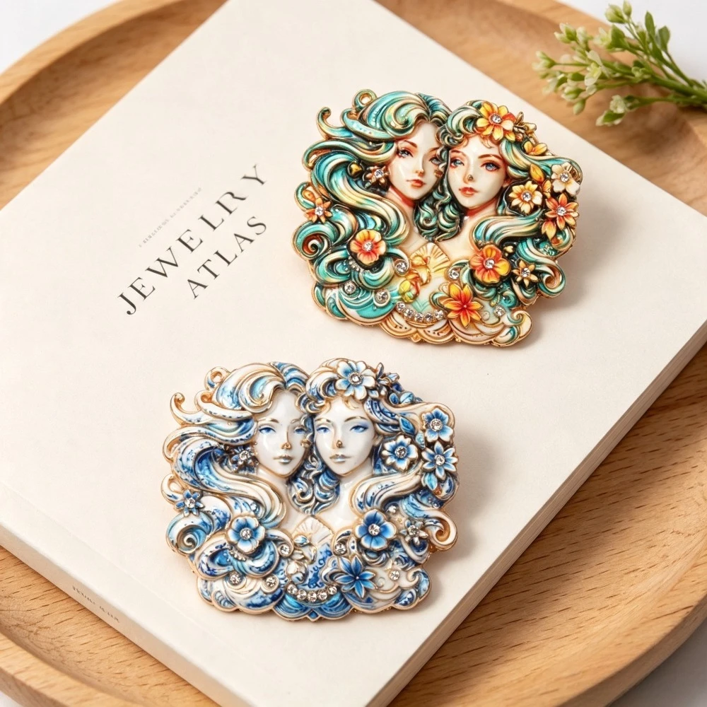 Golden Alloy Aquarius Gemini Lady Brooch Enamel Rhinestone Zodiac Vintage Clothing Pin Women Gift