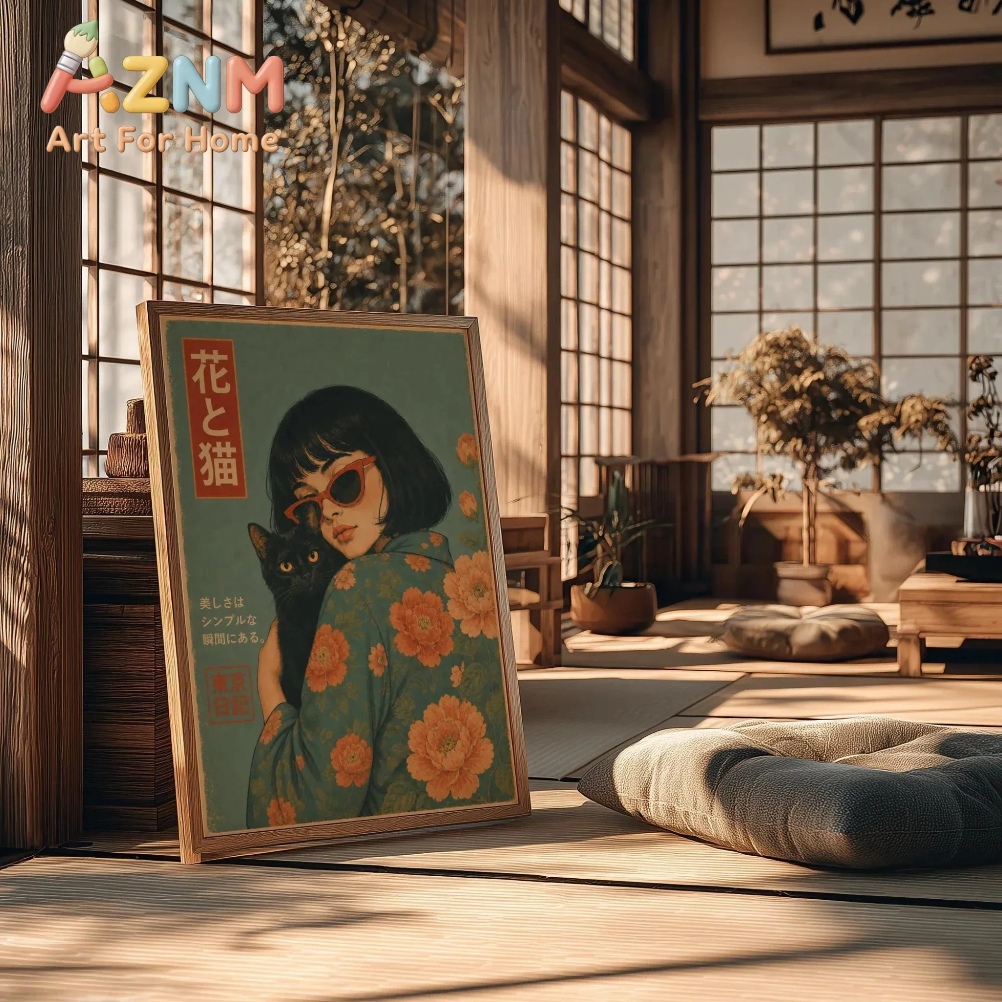 Vintage Japanese Women & Black Cat Wall Art Poster Retro Tokyo Floral Poster, Vintage Japanese Print for Living Room Decorations