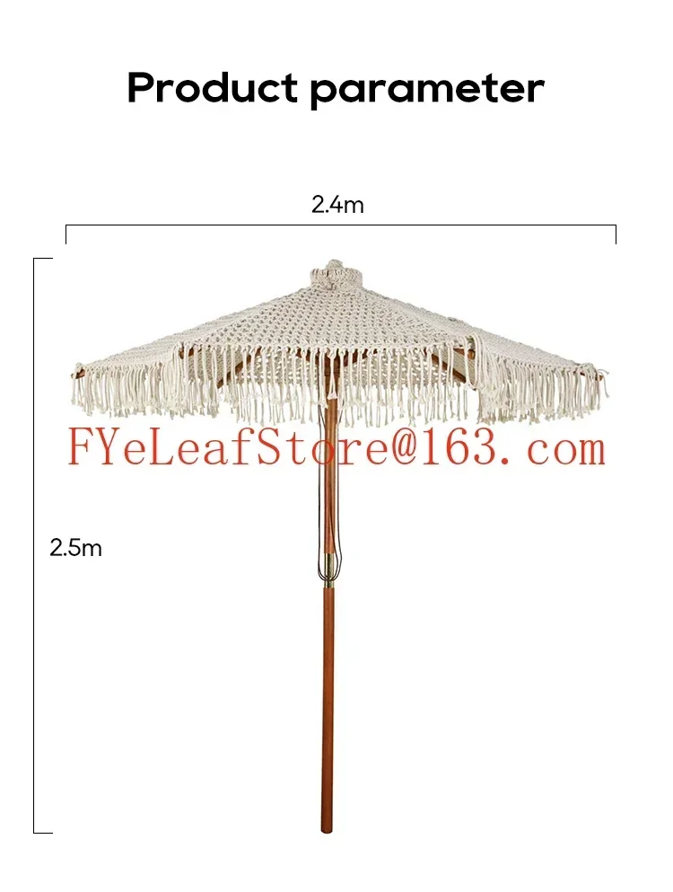 Wholesale Luxury Hand Woven Rope Sun Parasol Boho Wooden Pole Crochet Cotton Tassel Patio Beach Umbrella With Fringes