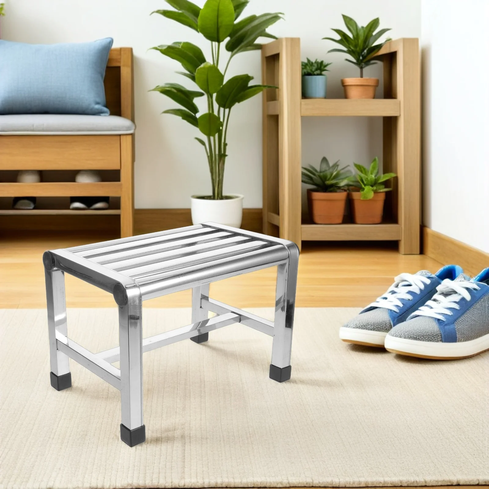 Modern Stainless Steel Shower Stool Waterproof Slatted Bath Bench Non-Slip Legs for Wet Rooms Portable Garden Laundry Utility