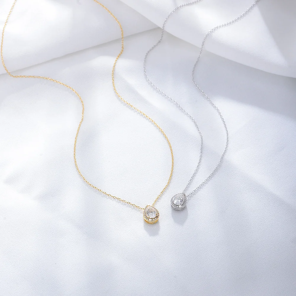 

European-American S925 Sterling Silver Necklace for Women, Teardrop Full Zircon, Minimalist INS Light Luxury Collarbone Chain