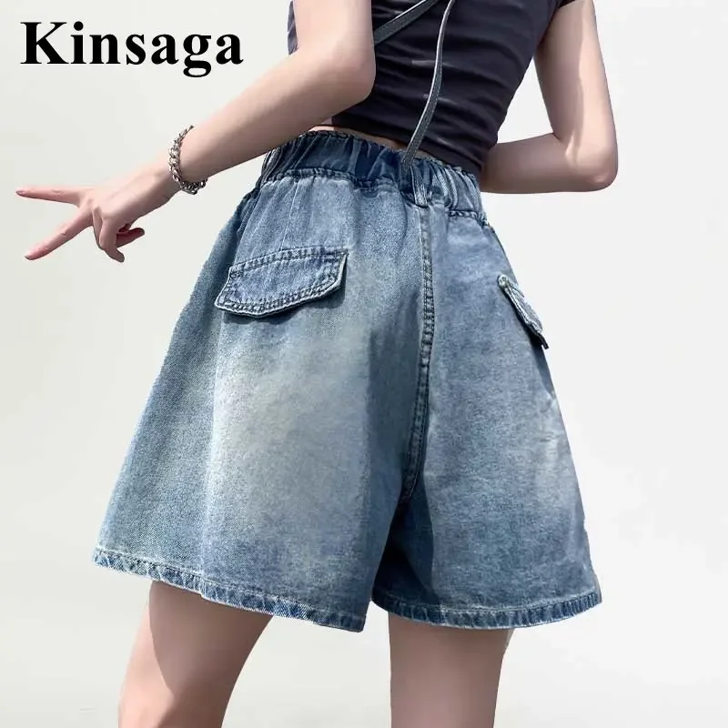 Pantalones vaqueros cortos de pierna ancha holgados con Bordado de letras de calle para Mujer 4XL verano Y2K pantalones cortos de mezclilla para