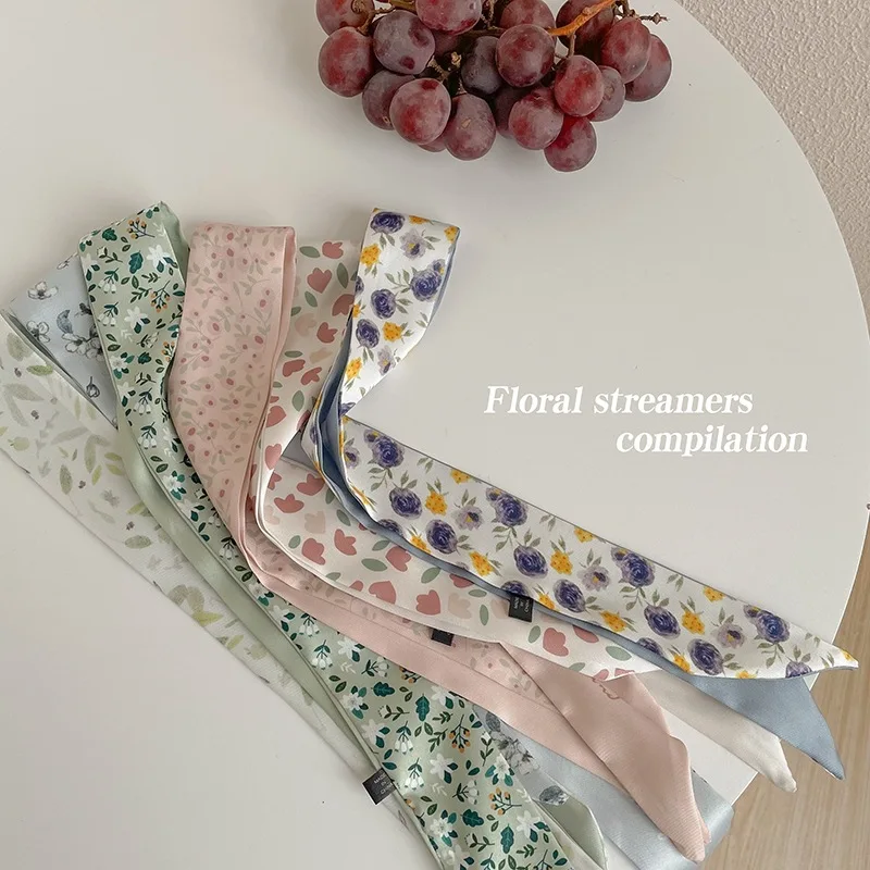 Korean Version of the Net Red Ins Small Fresh Long Ribbon Silk Scarf Hairband Temperament Silk Face Floral Bow Tied Hair Rope