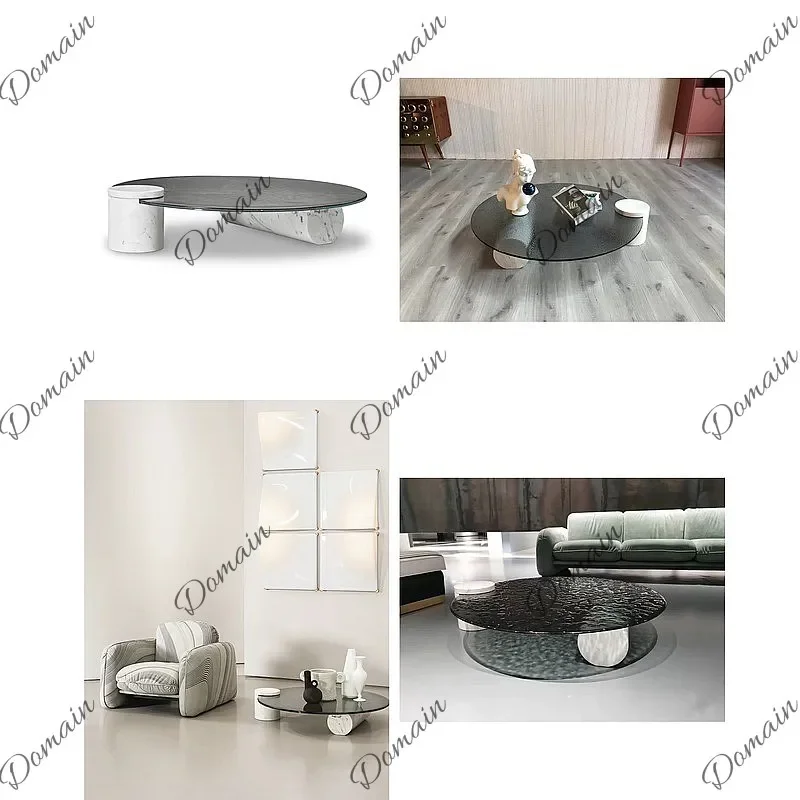 N80 Nordic Postmodern Round Coffee Table with Water Ripple Glass Top Luxury Marble Base for Living Room