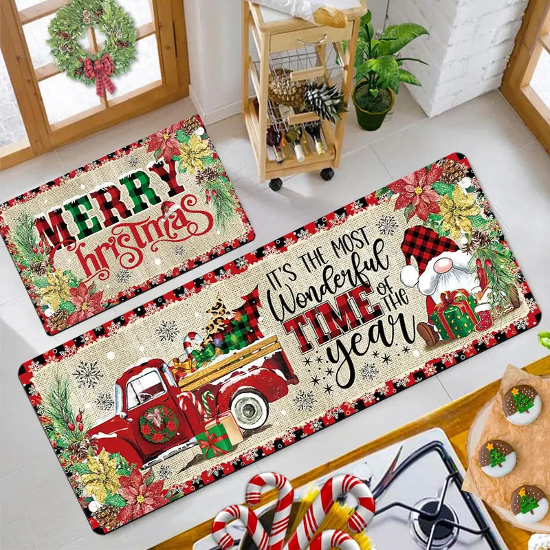 

Christmas kitchen rug, made of flannel, soft and comfortable, washable, suitable for bedroom and dining room