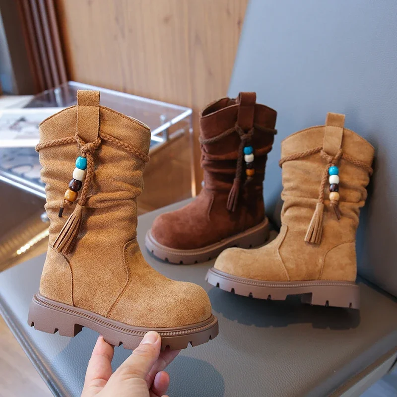 Girls mid length boots winter new style with plush insulation long boots retro denim style children's anti slip soft soled boots