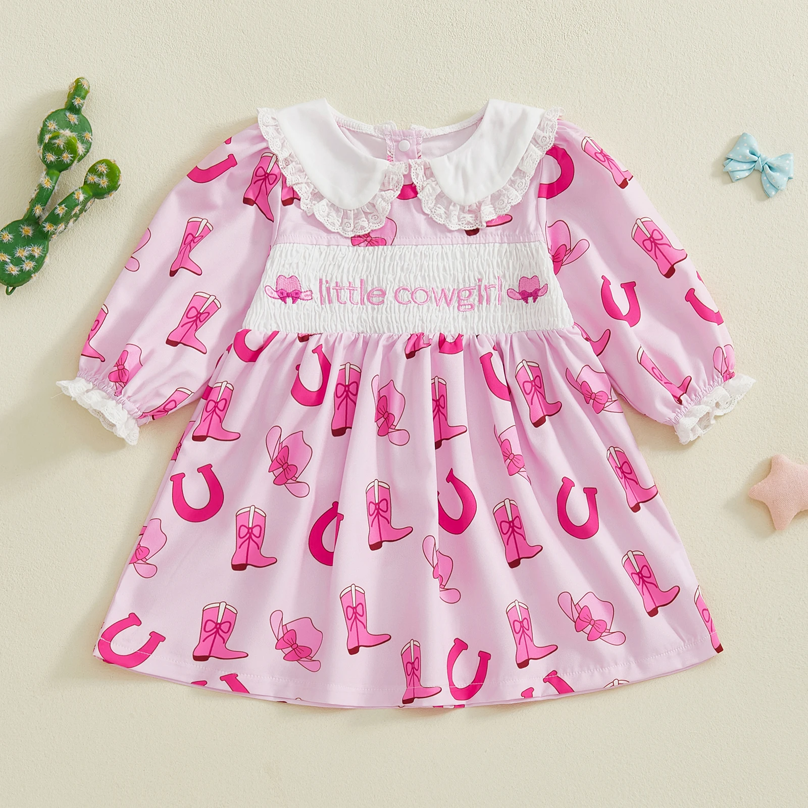

Cowgirl Style Toddler Dress with Lace Trim and Doll Collar Long Sleeve A-line Dress with Western Boot and Hat Pattern