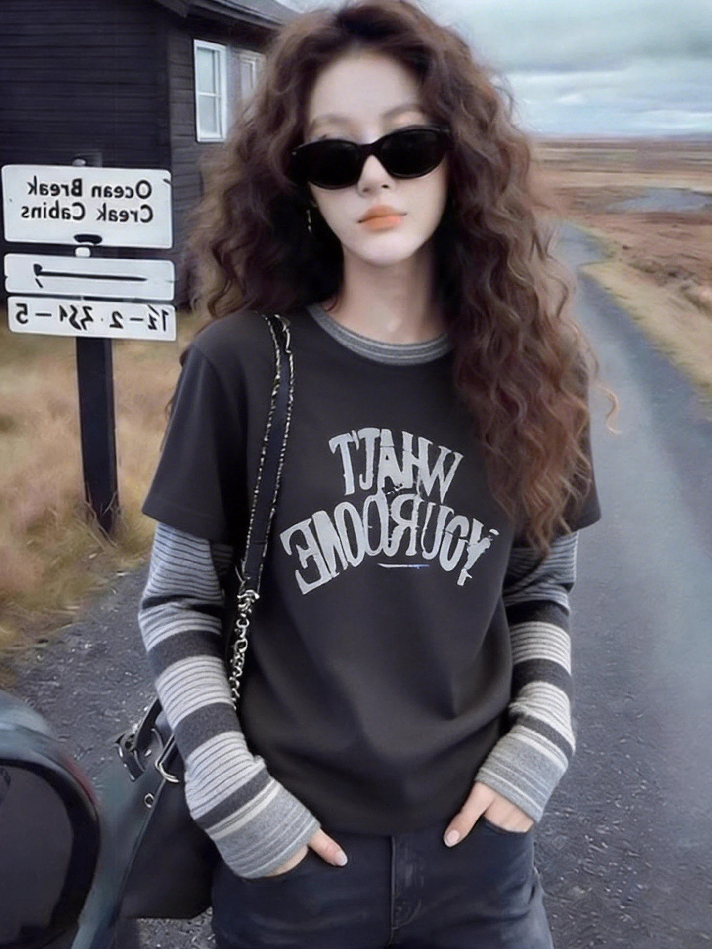 American Style Letter Print Long Sleeve T-Shirt Women's Spring New Stripe Splicing Soft Comfortable Anti-soil Dirty Skin-frie...