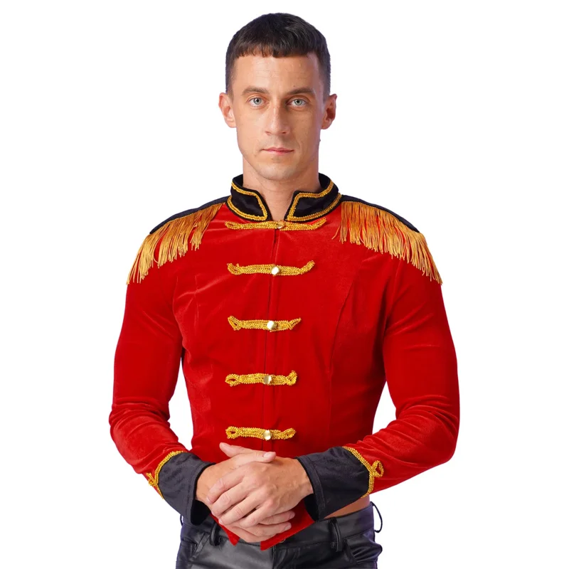 Costume da direttore di circo da uomo, uniforme, costume da showman di Halloween, costume cosplay, colletto alla coreana, giacca in velluto con frange
