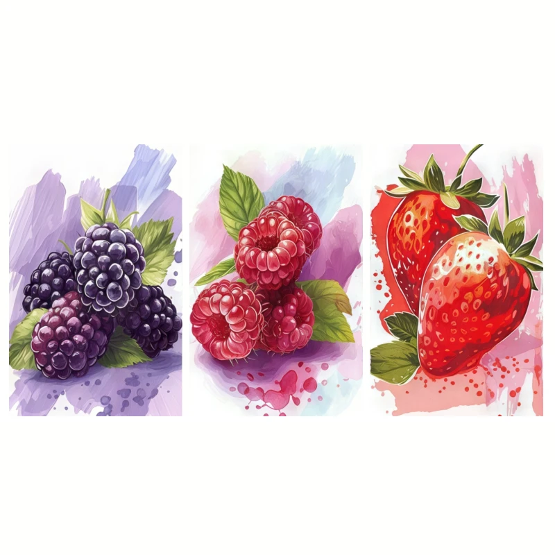 2D Flat, 3pcs Modern Minimalist Berry Wall Art Prints - Strawberry Raspberry Blackberry Suitable for Living Room, Frameless S