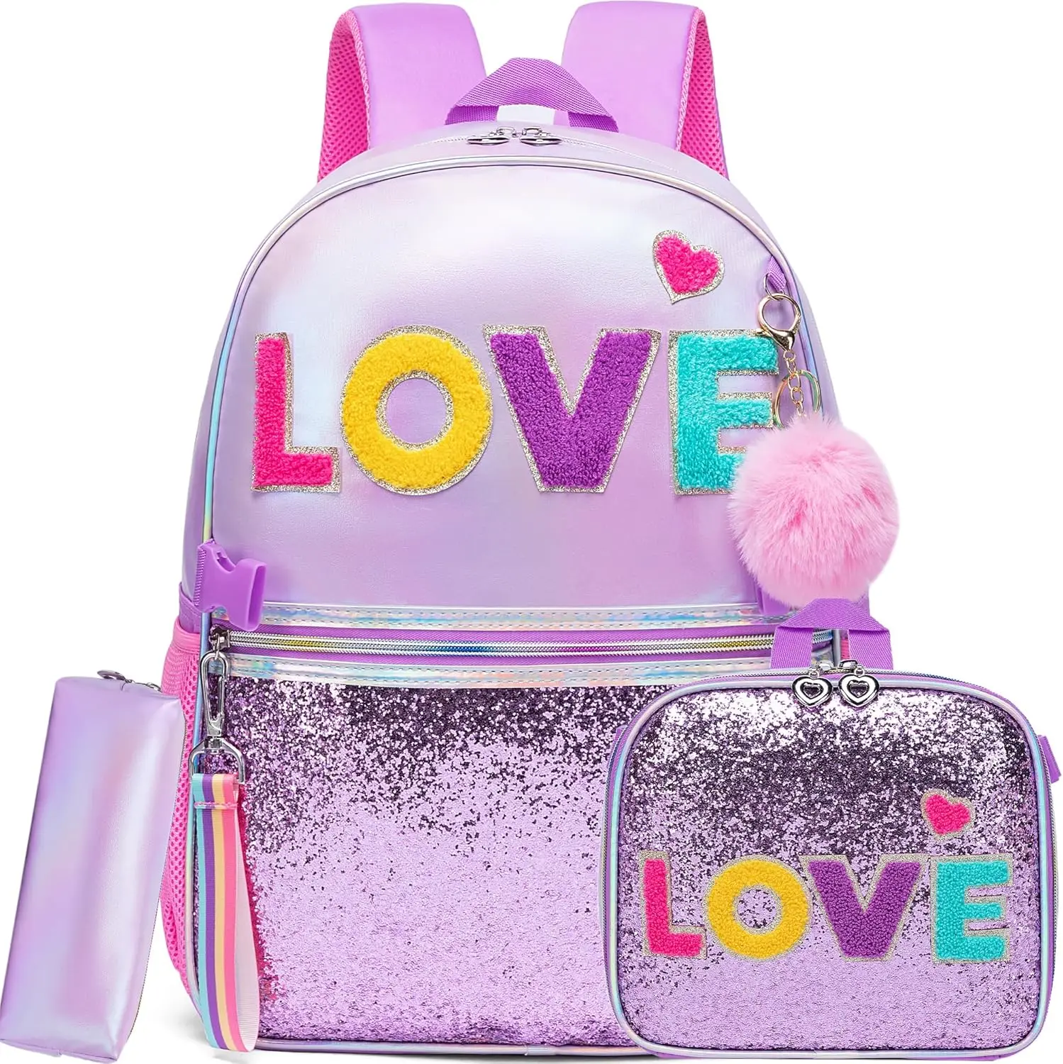 Purple Backpack for Girls Backpack with Lunch Box Penbag for Elementary Student Kids School Bag for Girls Ages 6-8 Years Old