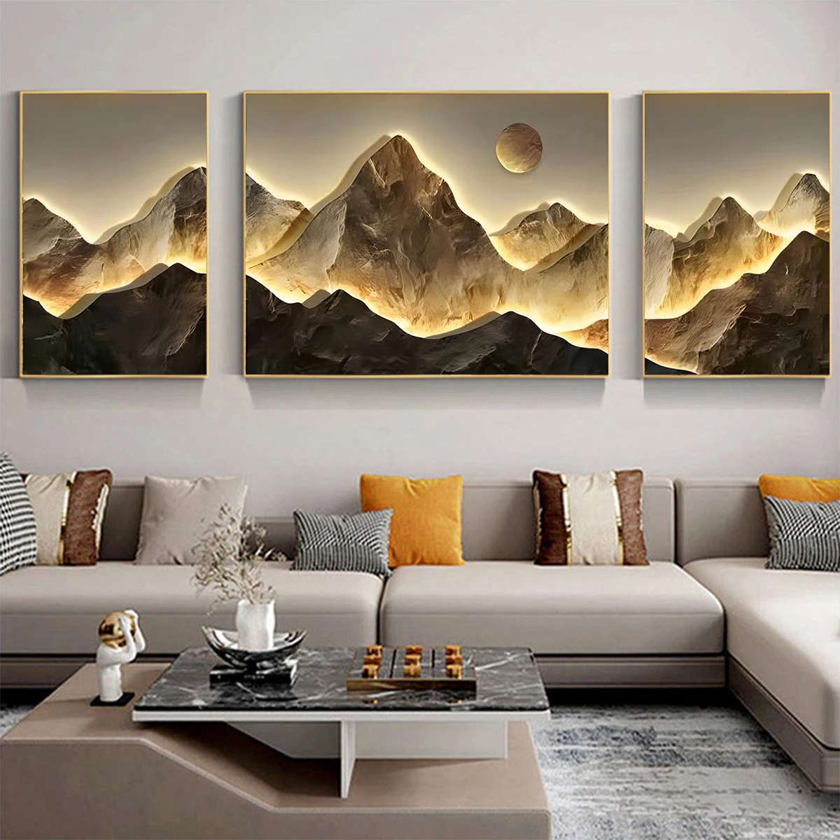 3pcs/set Flat 2D Gold Mountains Full Moon Wall Arts Prints Posters Classic Luxury Canvas Painting Home Decor Art Poster-unframed