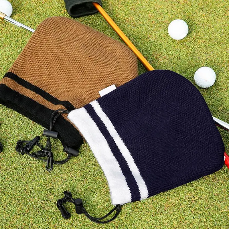 Knitted Head Covers For Golf Clubs Embroidered Drawstring Protective Cover Soft Putter Protector For 7-9 Golf Clubs Elastic