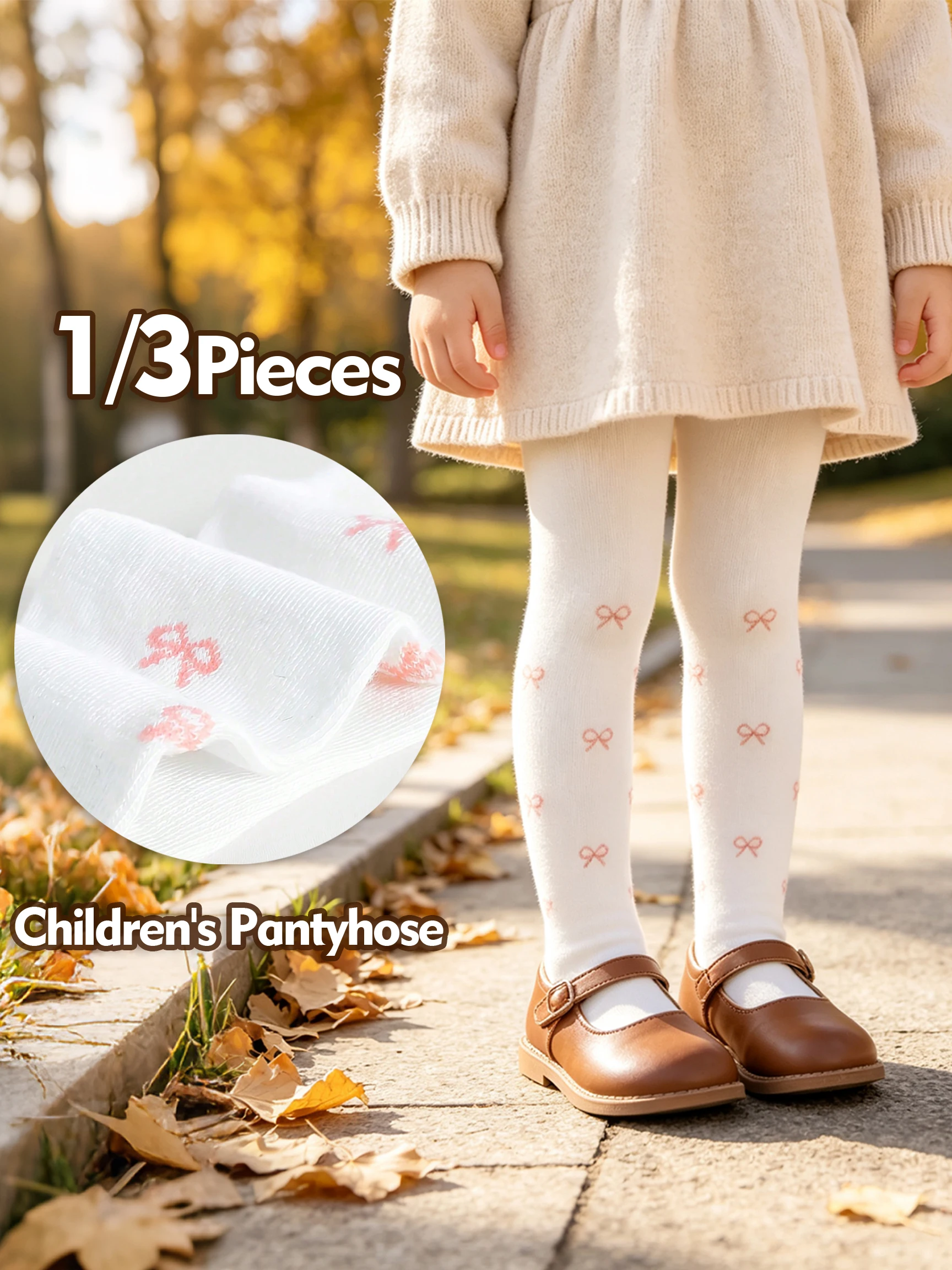 1/3Packs Girls Mini Bow Print Knit Tights Stretchy Pantyhose Elegant Princess Legwear Spring Autumn Daily Outfit for Kids 0-12Y