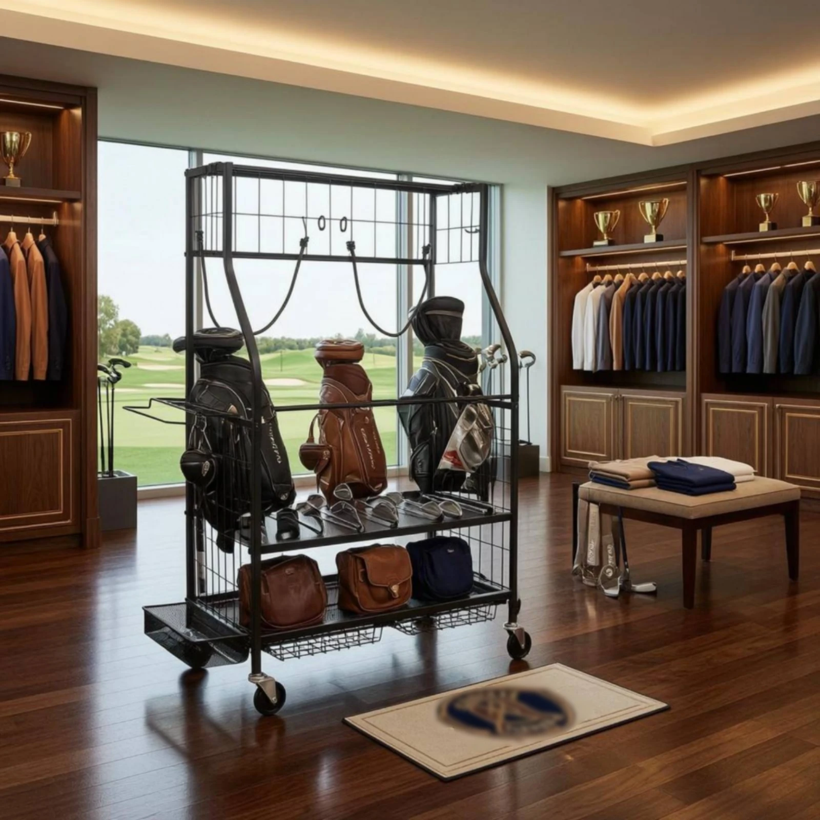 golf-bag-storage-rack-metal-rolling-golf-bag-rack-two-tier-mesh-panels
