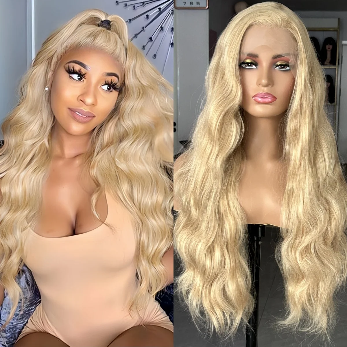 Honey Blonde Highlights Wig Synthetic Lace Front Wig Long Curly Wavy Body Wave Hair 13X4 Frontal Wigs for Women Daily Party