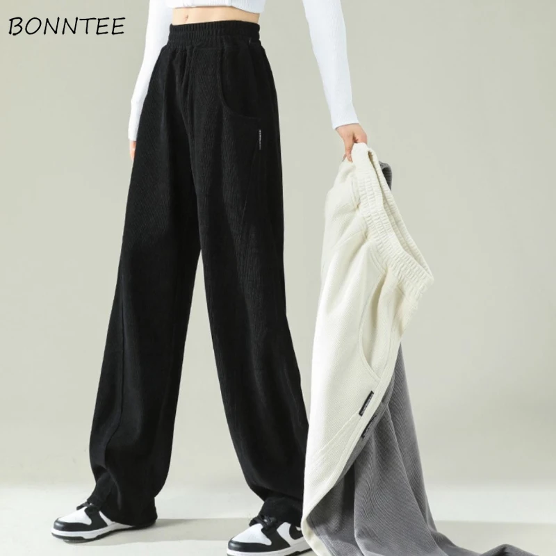 

Plus Velvet Thicker Pants Women Autumn Winter Loose Casual Wide Leg Sweatpants Thermal Spliced Pockets Warm Trousers All-match