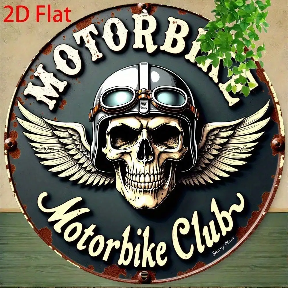 Motorradclub Garage Wandkunst Vintage Metallschild, 2D Flacher Helm Totenkopf Deko Aluminium Blechplatte für Zuhause Bar
