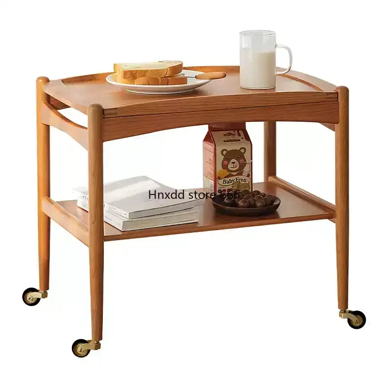 Nordic solid wood edge push mobile storage tea trolley rack