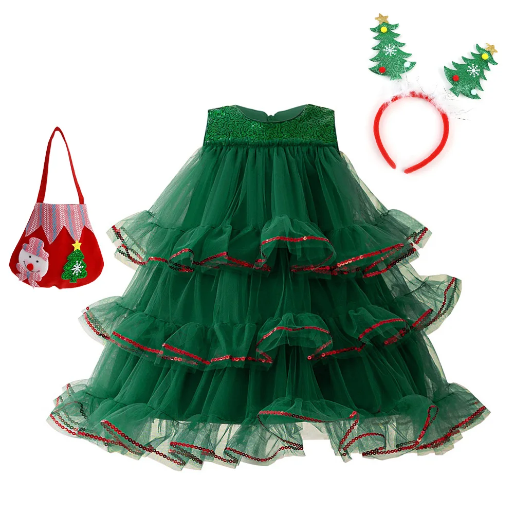 Christmas Green Lace Party Dress For Baby Girls Lace Fluffy Christening Dresses Girl Festival Carnival Costumes Kids Halloween