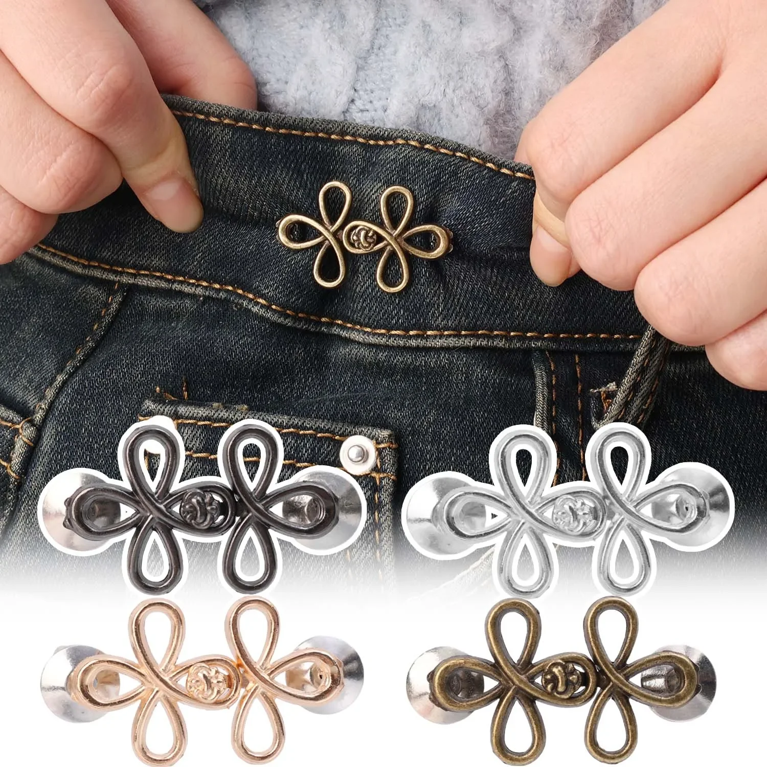 2PCS Four Leaf Clover Buckle Adjuster Waist Tightener  Alloy Adjustable Waist Buckle Detachable Seamless Button for Pants Skirts