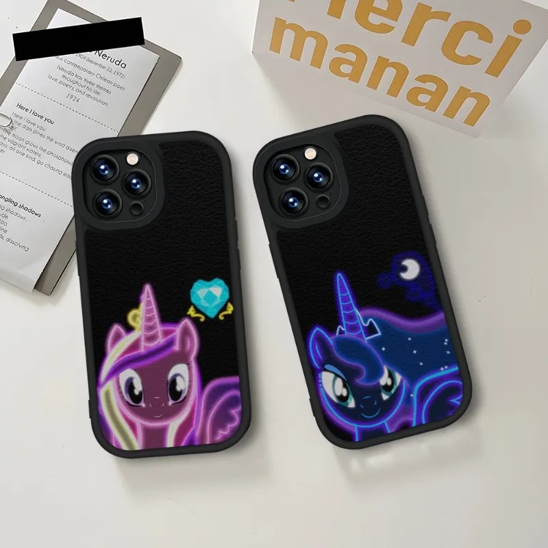 My LittleS P-PonyS Phone Case Black For IPhone 14 11 13 12 Pro Max Mini Xs X Xr 7 8 Plus SE2020 Leather Soft Texture Coque