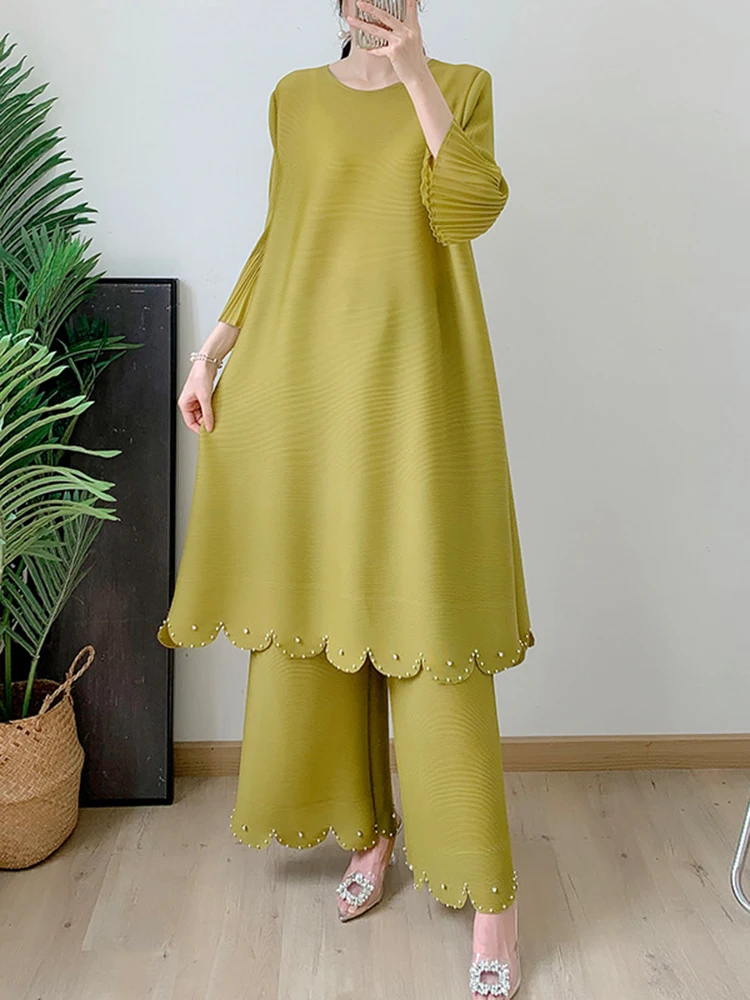 LANMREM Solid Pleated 2 Pieces Set For Women Round Neck Flare Sleeves Tops Elastic High Waist Wide Leg Pants Autumn Sets 2AA1071